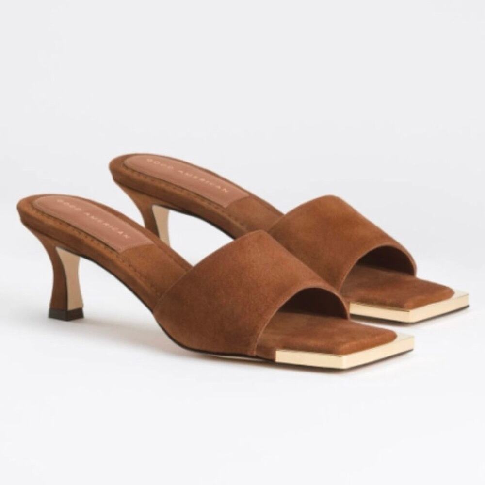 Good American Tobacco and Gold The Standout Square Toe Slide Sandal Size 7